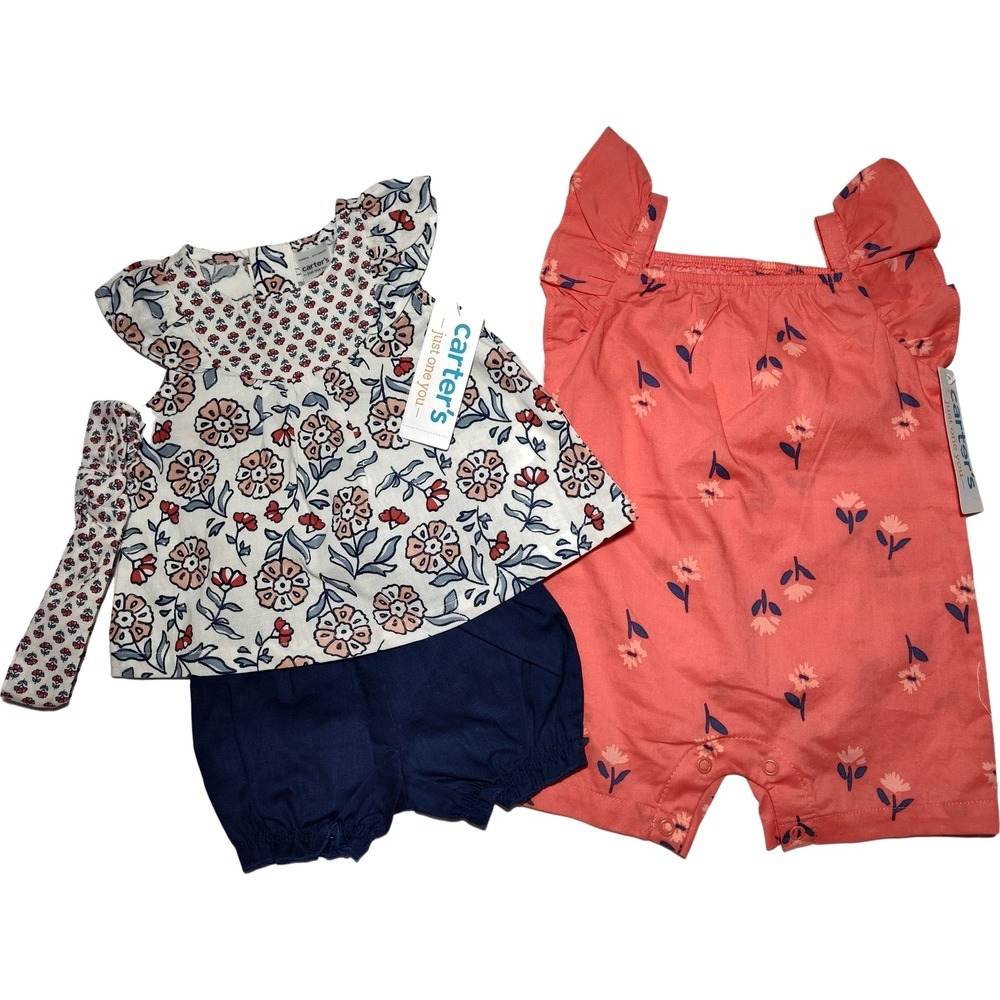 Carter's 3 Mos Romper Outfit Lot Just One You Red‎ Blue Set Headband Floral NWT
